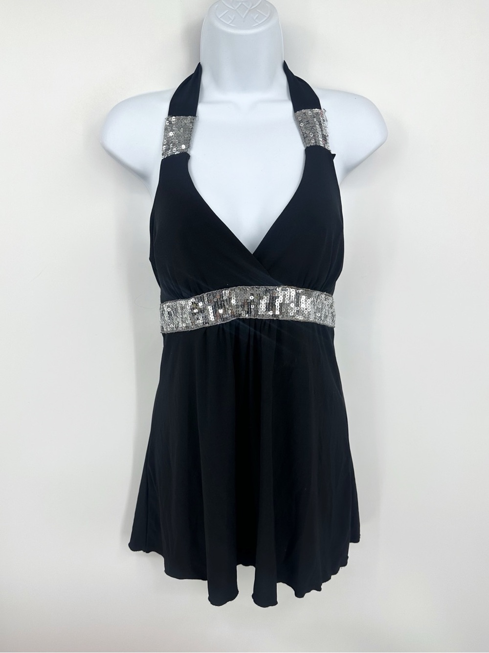 Vintage Y2K MKM Designs Black Sequin Halter Top Size Medium Whimsical Goth
